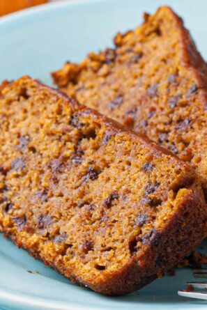 vegan pumpkin bread slices on a plate.