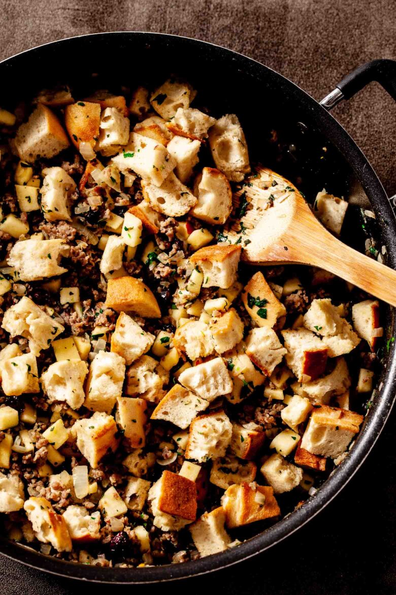 Apple Sausage Stuffing in a pan. 