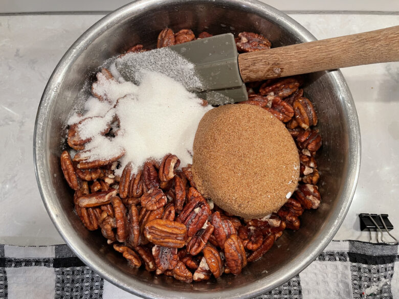 Candied Pecans Ingredients including sugar, vanilla, and cinnamon.