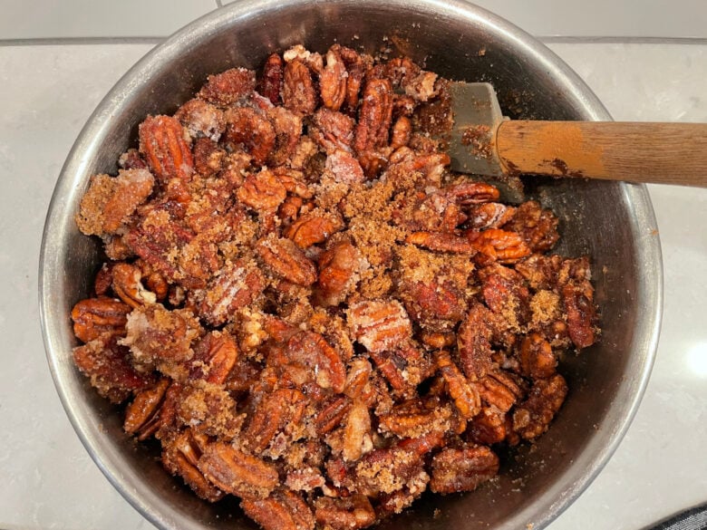 Candied Pecans ingredients mixed in a bowl.