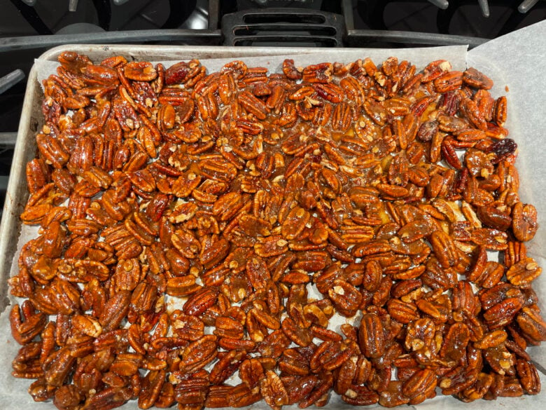 Candied Pecans on Baking Sheet