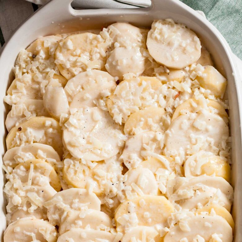 cheesy scalloped potatoes ready to be baked.