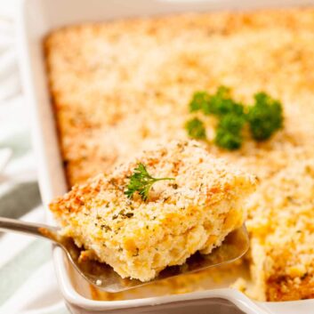 Corn Casserole in Baking Dish.