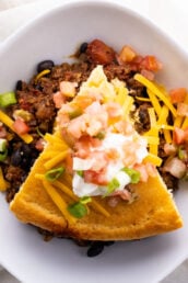 Tamale Pie or Cornbread Chili Casserole on a plate.