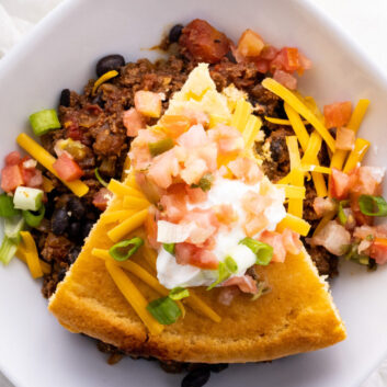 Tamale Pie or Cornbread Chili Casserole on a plate.