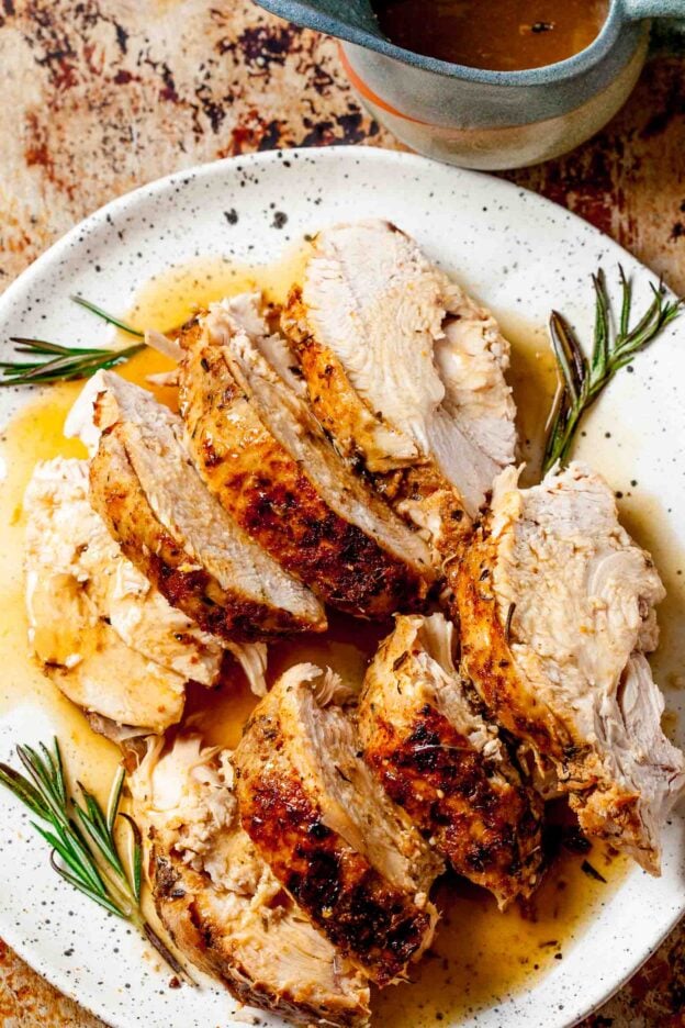 instant pot turkey breast slices on a plate.