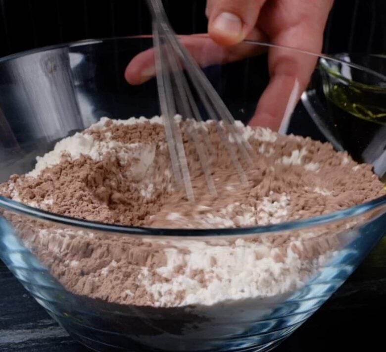 chocolate kahlua cake dry ingredients in a bowl.