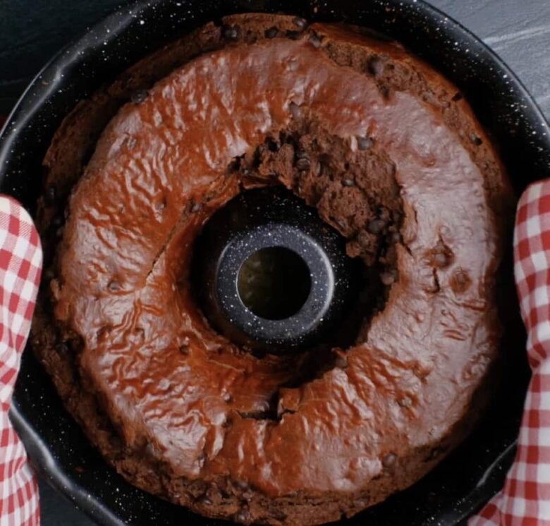 chocolate kahlua cake out of the oven.