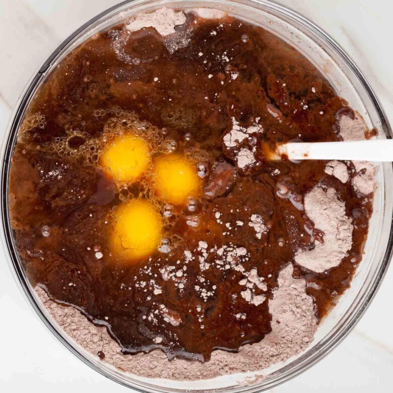 chocolate kahlua cake wet and dry ingredients in a bowl.