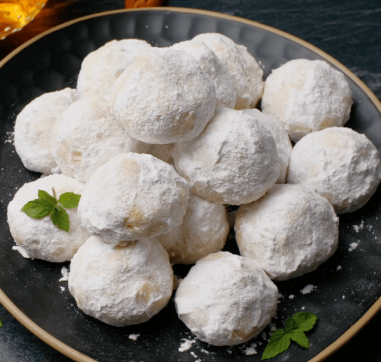 snowball cookies finished on plate.