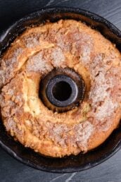 fully baked sour cream coffee cake in Bundt pan.