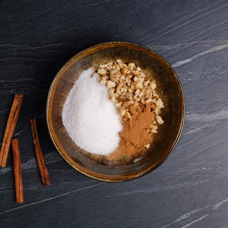 sour cream coffee cake streusel ingredients in a bowl.