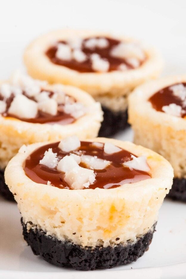 caramel cheesecake bites baked and garnished.