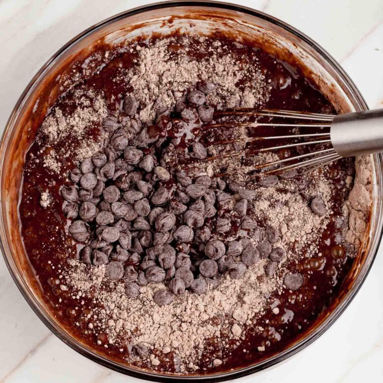 chocolate kahlua cake dry ingredients in a bowl.