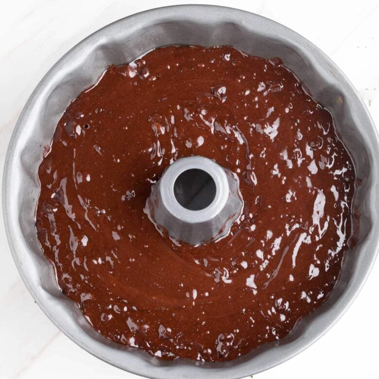 chocolate kahlua cake batter in Bundt pan.