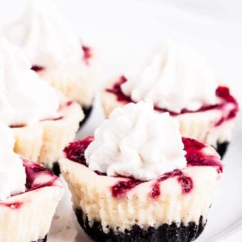 White chocolate raspberry cheesecakes with stabilized whipped cream.