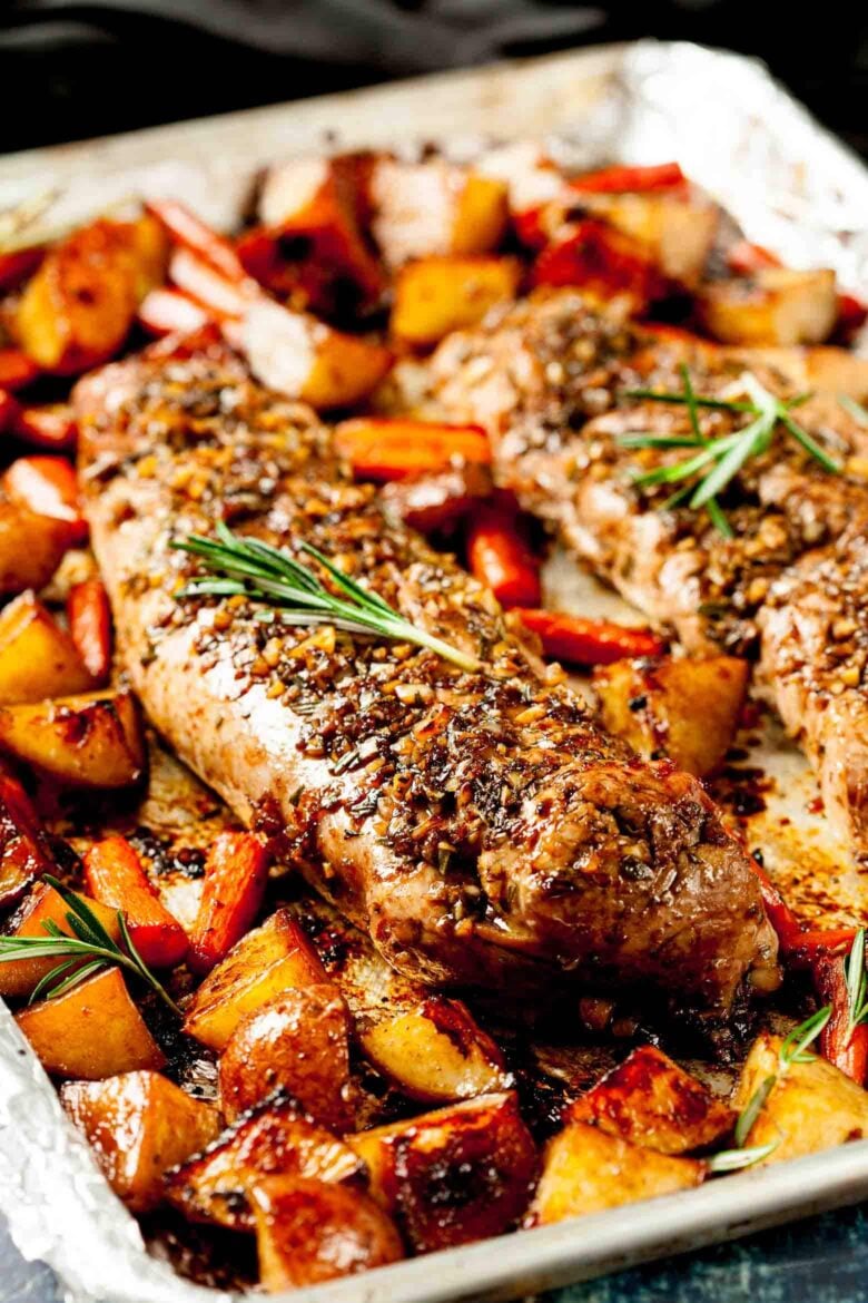 Freshly roasted sheet pan tenderloin with roasted vegetables.