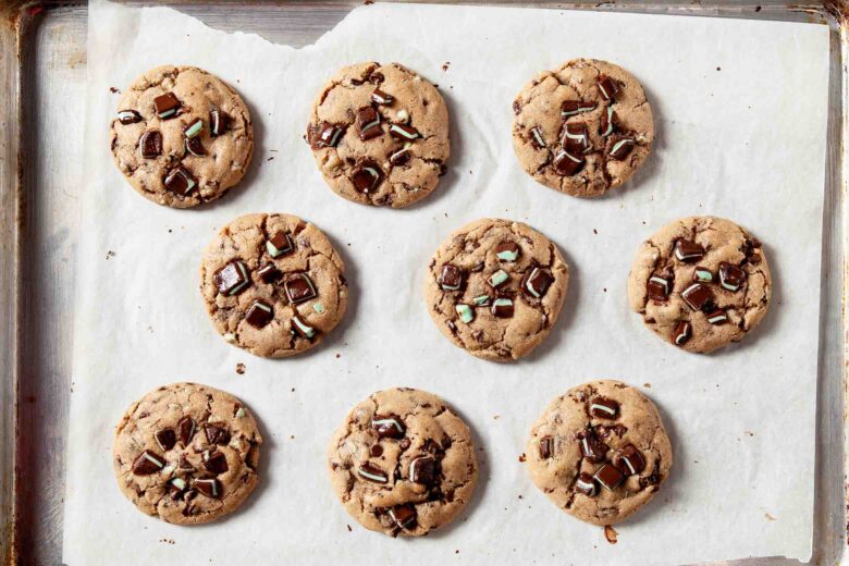 baked Andes mint cookies on baking sheet.