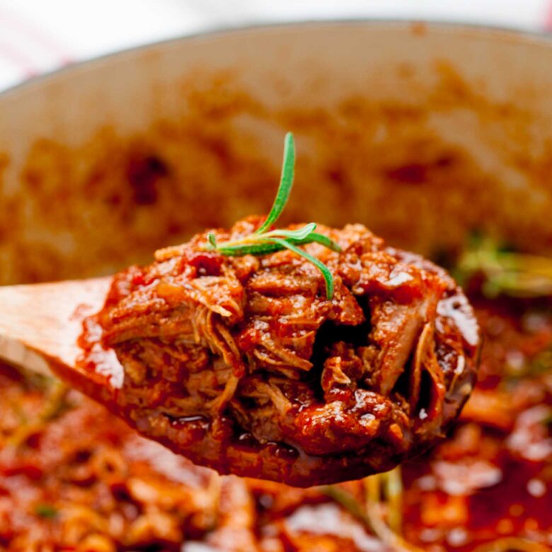 pork ragu on a spoon. 