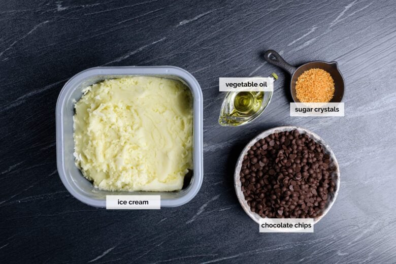 Overhead shot of ingredients required to make ice cream bon bons at home.