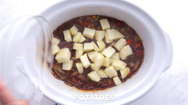 potatoes added to beef and barley stew.