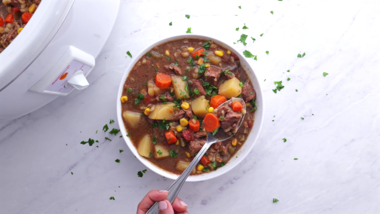 bowl of beef and barley stew.