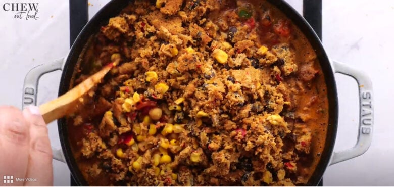 veggie burger and beans added to vegetarian chili.