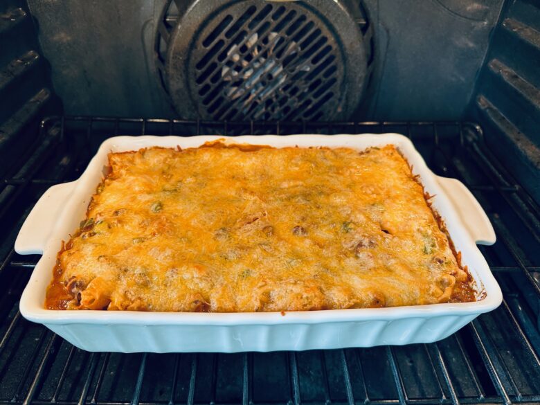 taco pasta casserole baking in the oven. 