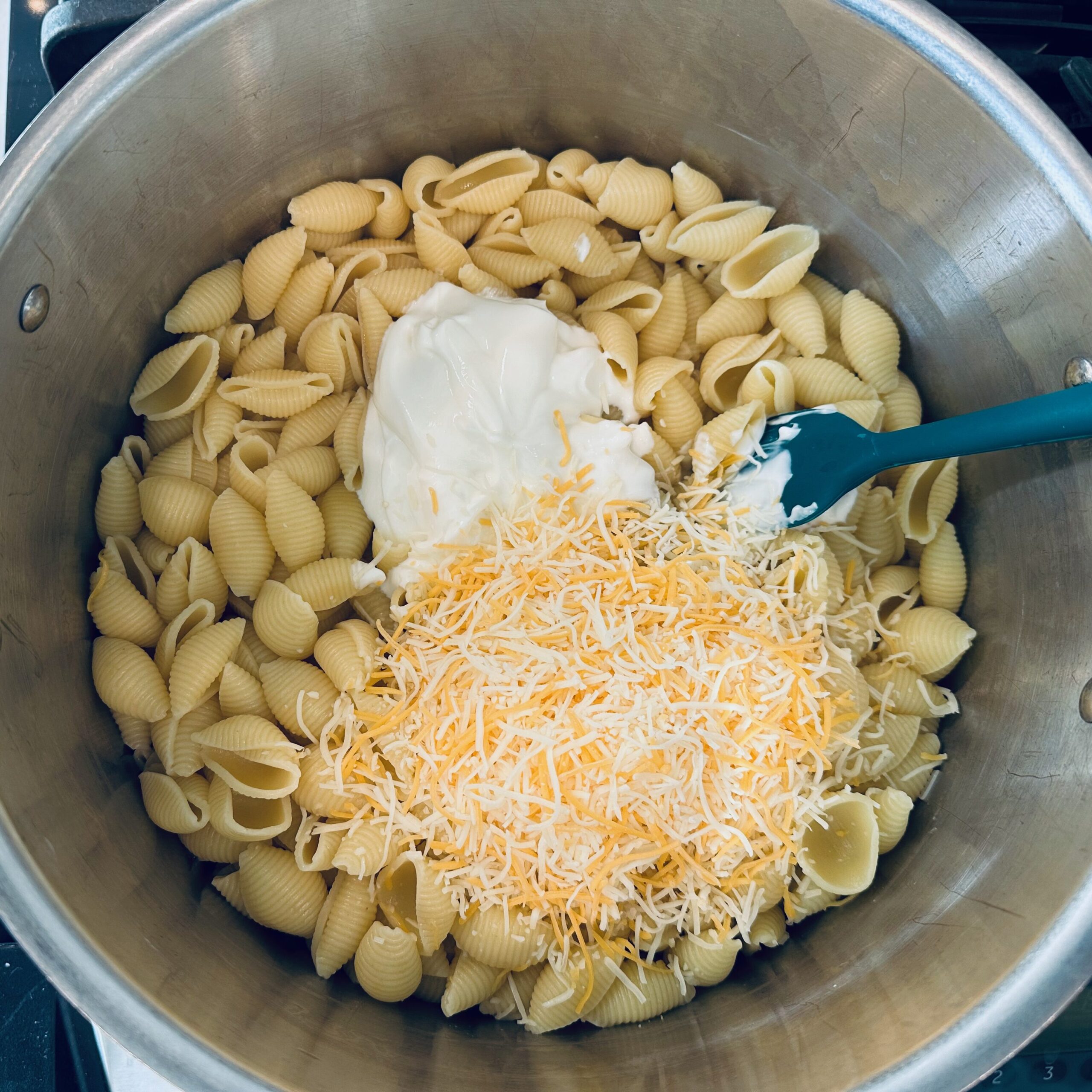 pasta shells with cheese and sour cream in a pot. 