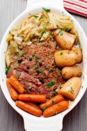 corned beef and cabbage in a tray.