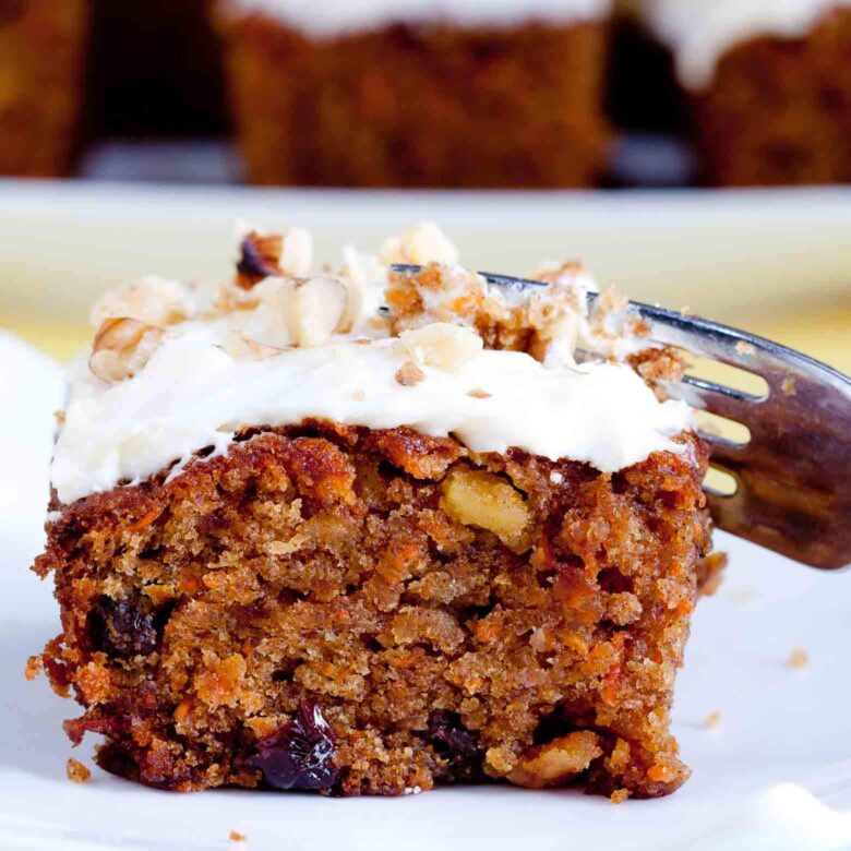 slice of easy carrot cake close up.