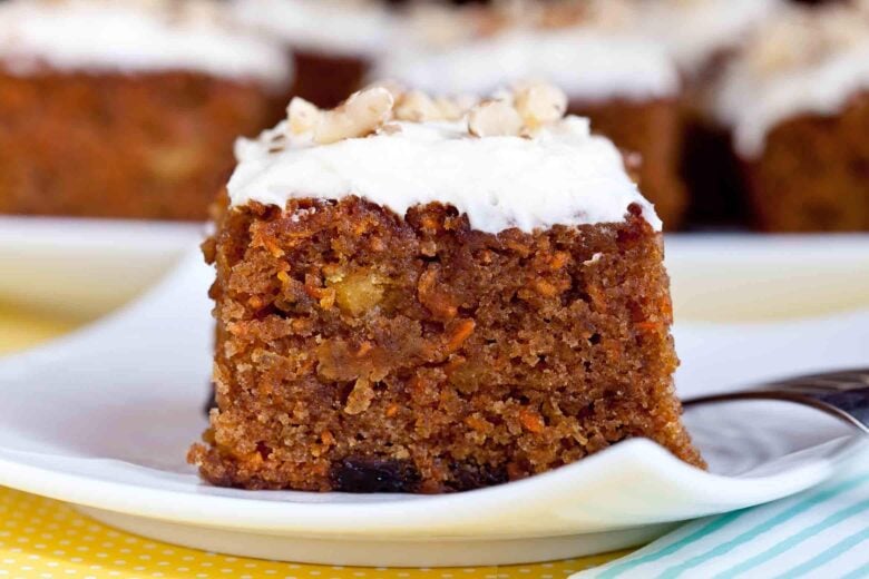 easy carrot cake slice on a plate.