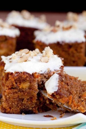 slice of easy carrot cake with cream cheese frosting.