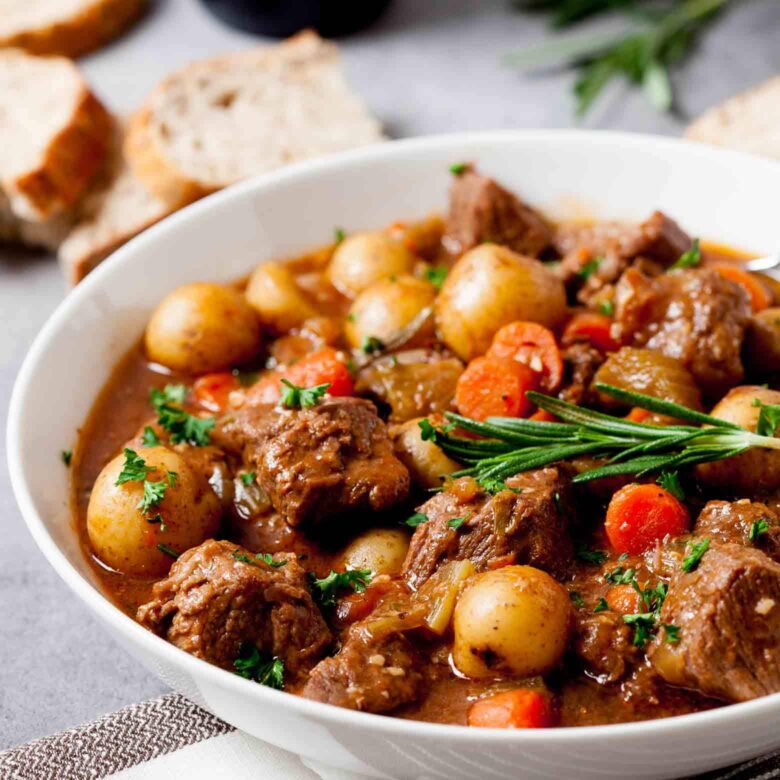 Irish Guinness Beef Stew in a bowl close-up.