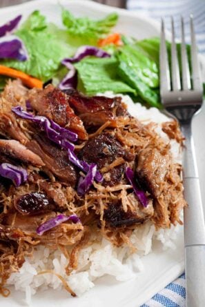 A plate of Hawaiian Kahlua pork over white rice, garnished with red cabbage, carrots, and a side of green lettuce.