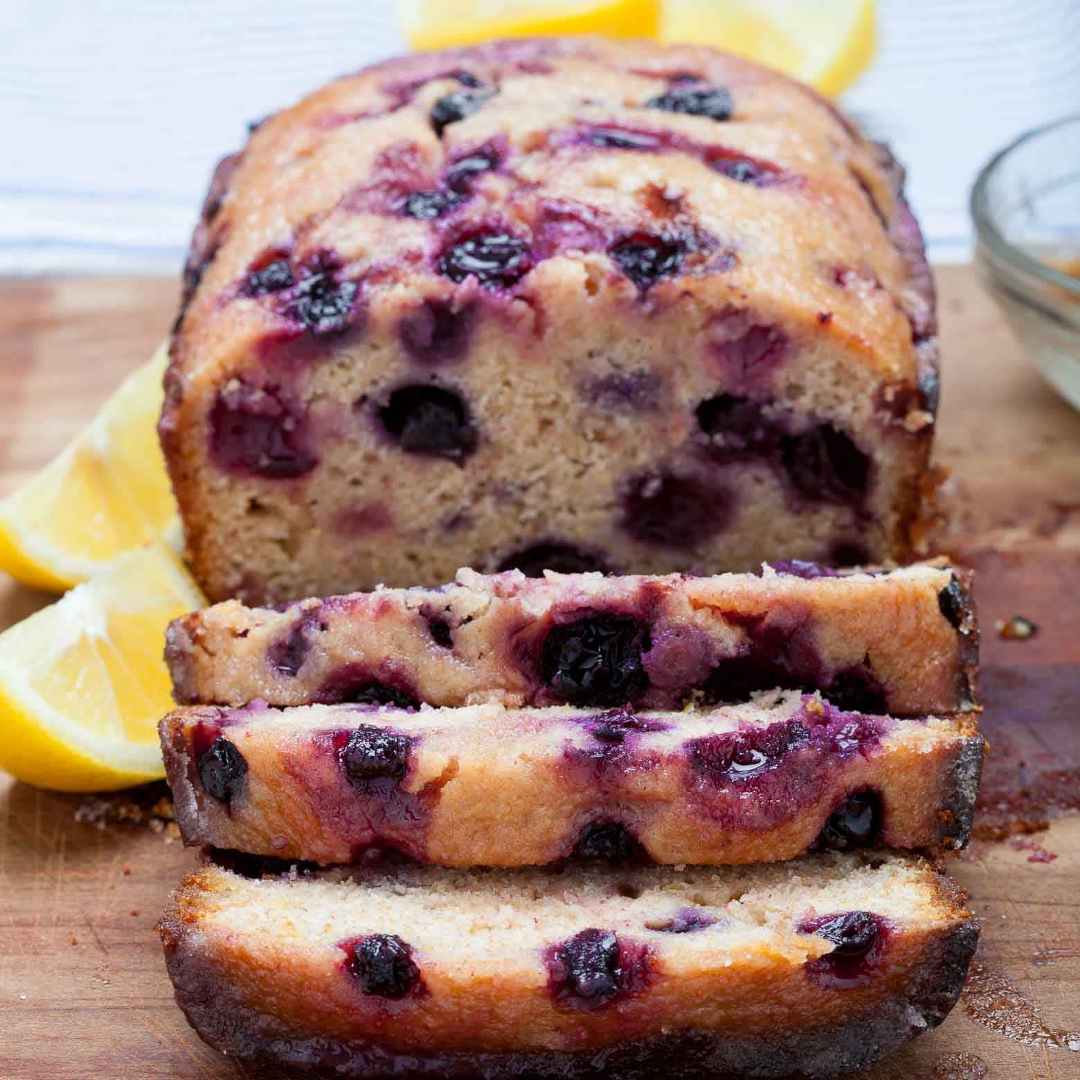 Blueberry lemon quick bread loaf sliced.