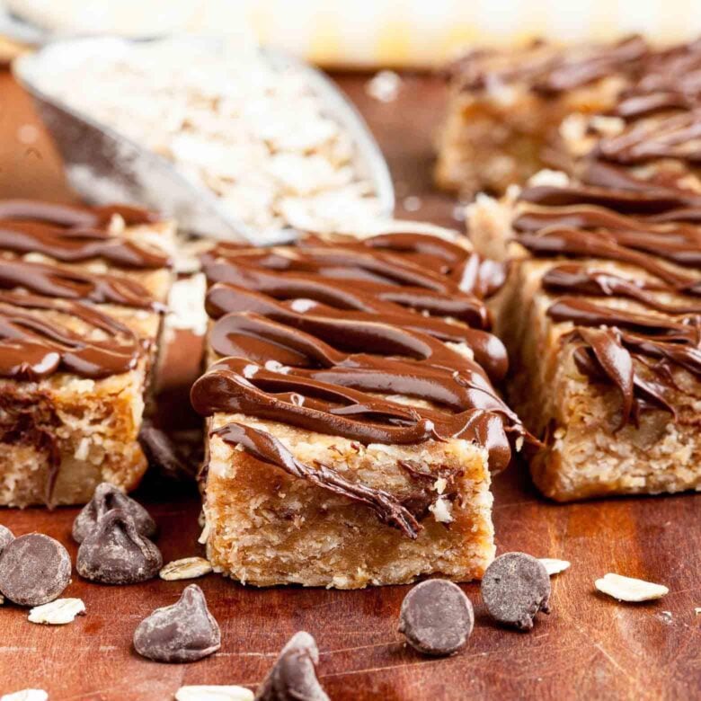 Protein Bars with chocolate chips and oats and peanut butter. 