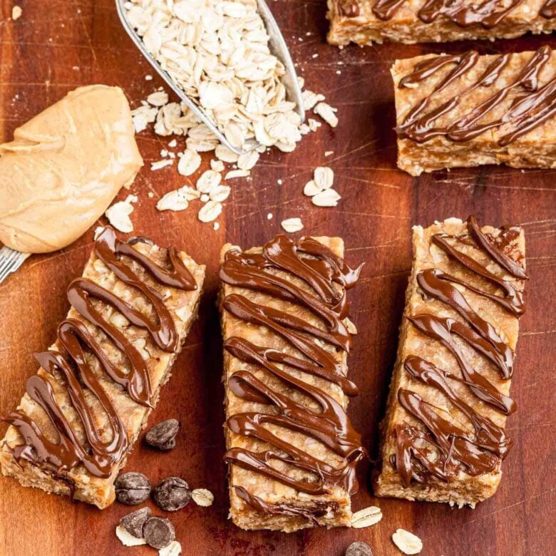 protein bars drizzled with chocolate on top.