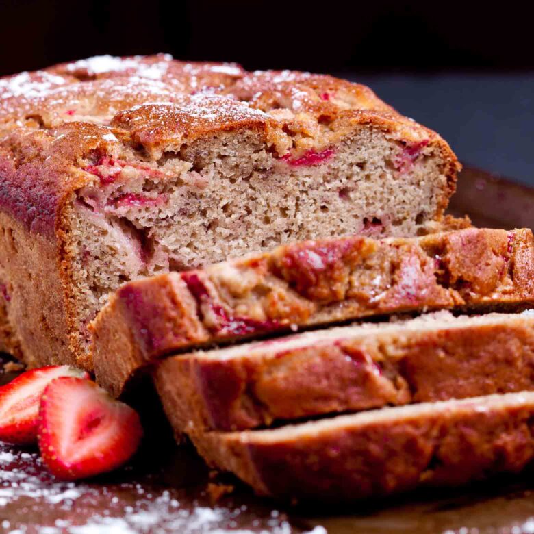 strawberry banana bread baked and sliced close-up.