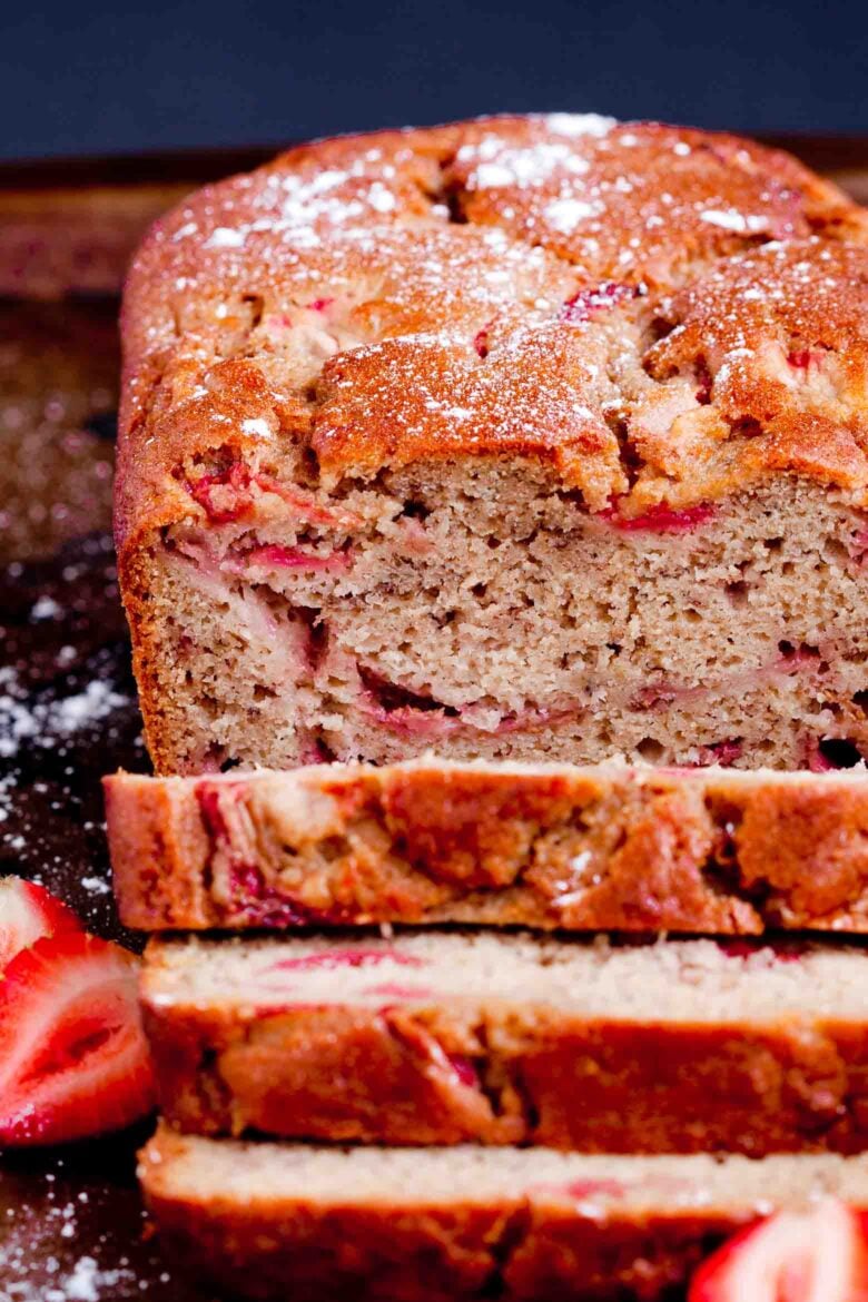 strawberry banana bread baked and sliced.