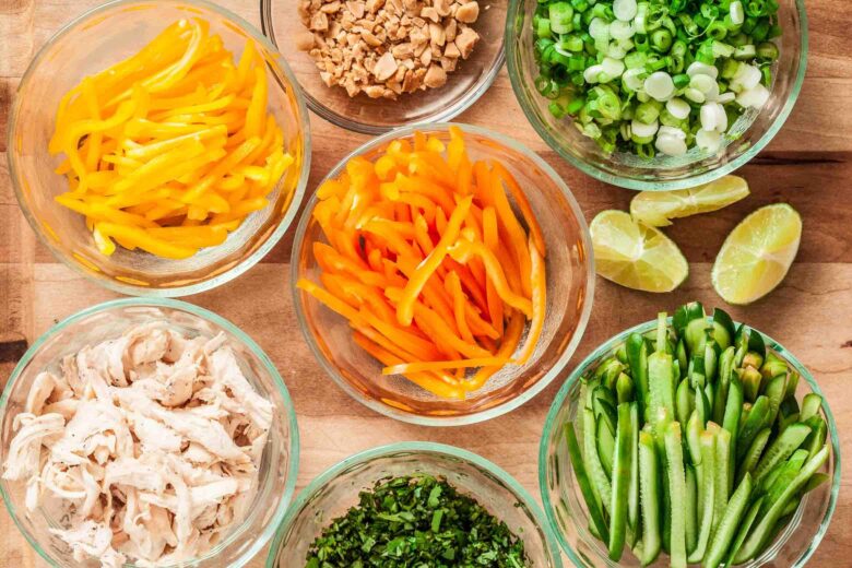 Overhead shot of ingredients to make Thai peanut noodles.