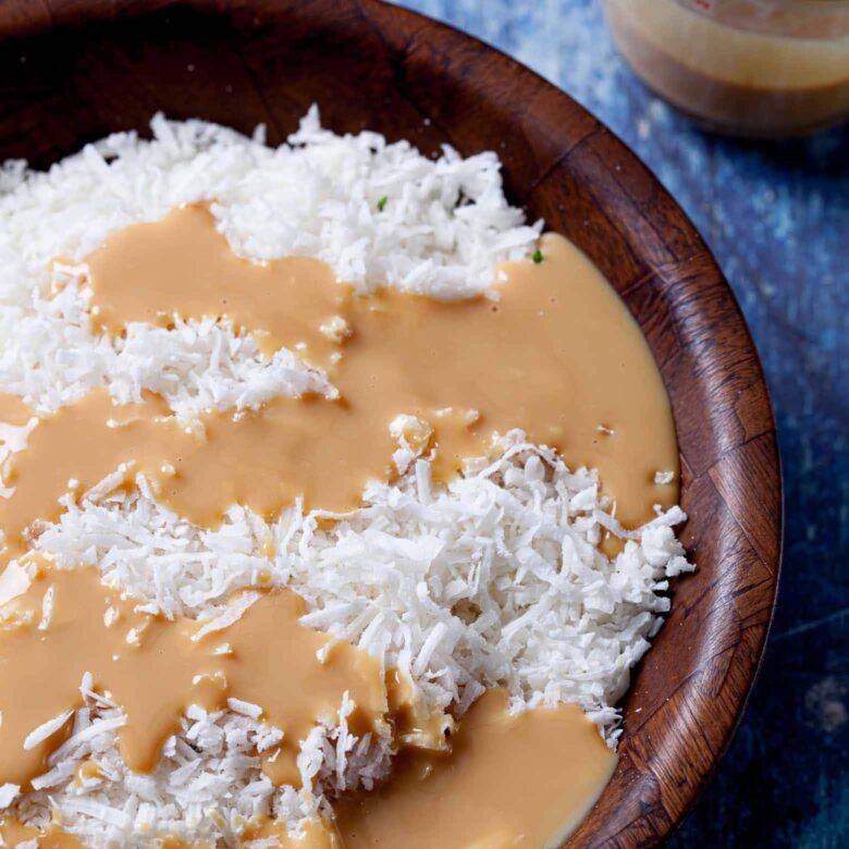 coconut mixture in bowl for chewy coconut macaroons.