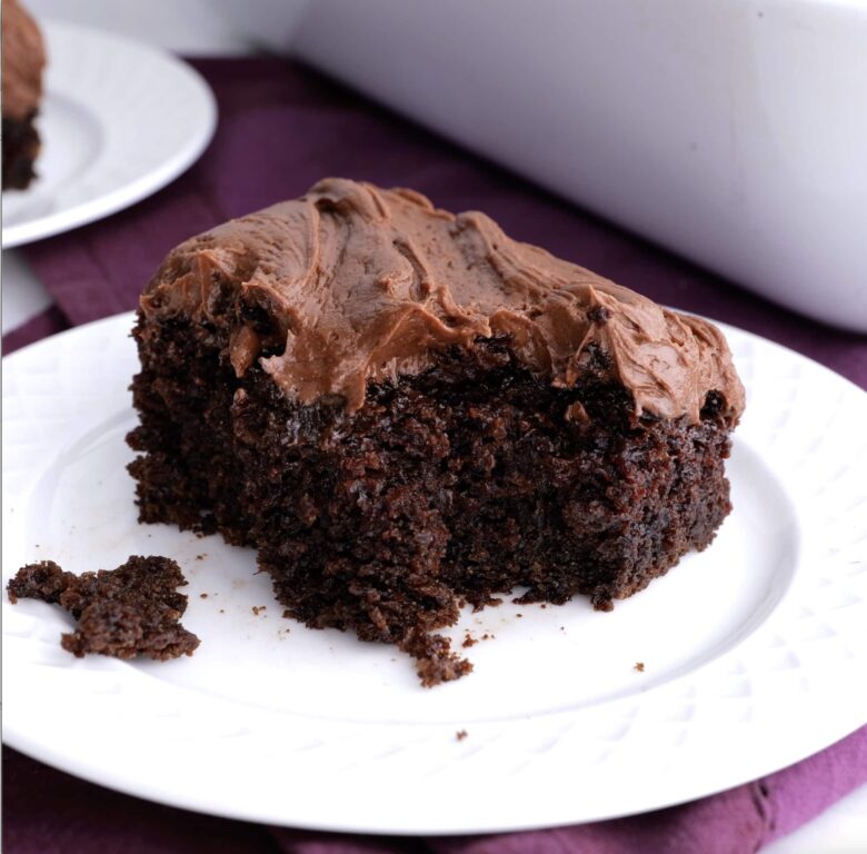 easy chocolate sheet cake close up.