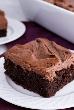easy chocolate e sheet cake slice on a plate.