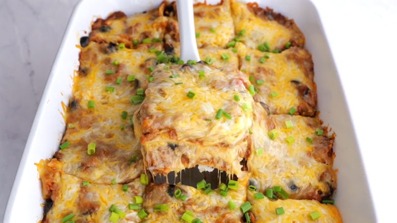 baked easy enchilada casserole in casserole dish.