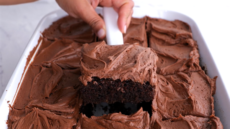 baked and frosted easy chocolate sheet cake.
