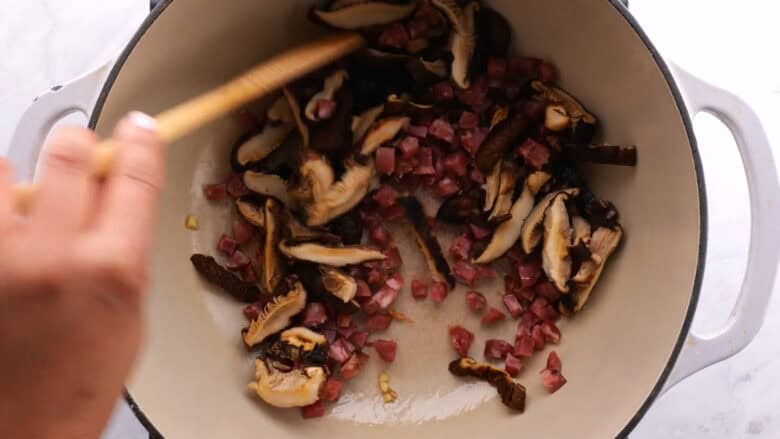 Sausage and mushrooms cooked for Chinese sticky rice.