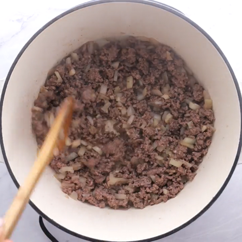 ground beef being browned for easy enchilada casserole.