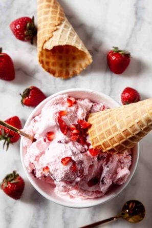 strawberry ice cream in a bowl.