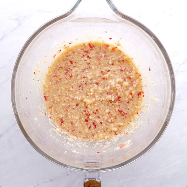 An overhead shot of blended with strawberry batter mixture.